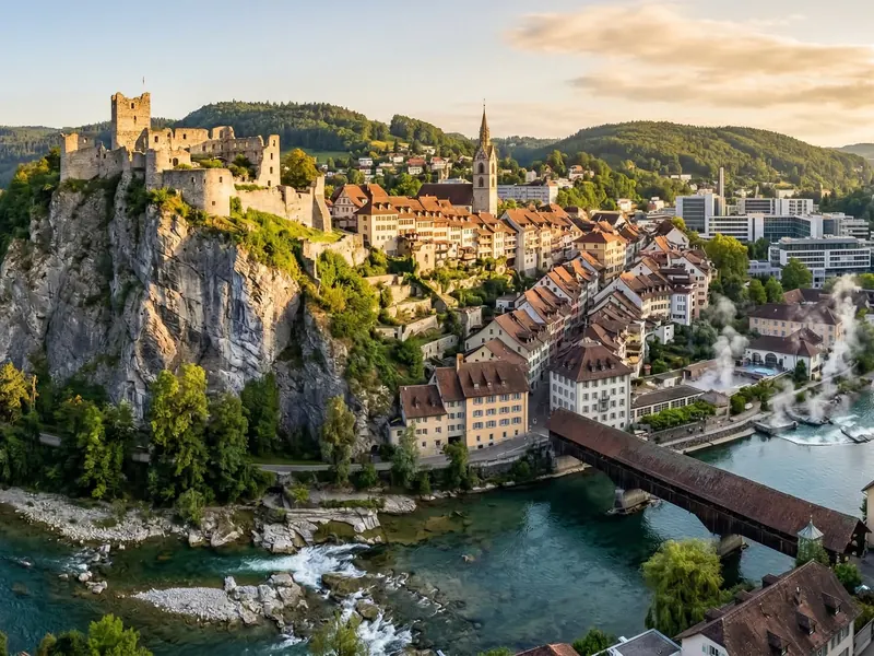 Blick auf Baden mit der Limmat, der Holzbrücke und der Ruine Stein