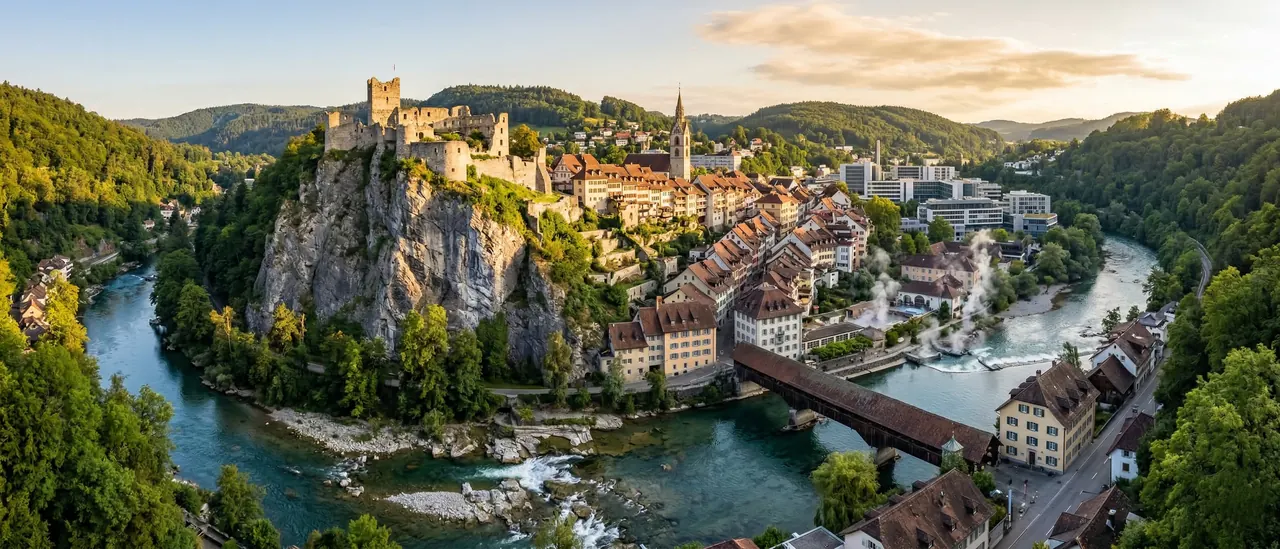 Blick auf Baden mit der Limmat, der Holzbrücke und der Ruine Stein