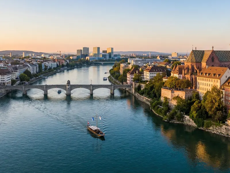 Blick auf Basel mit dem Rhein, der Brücke und dem Münster bei Sonnenaufgang