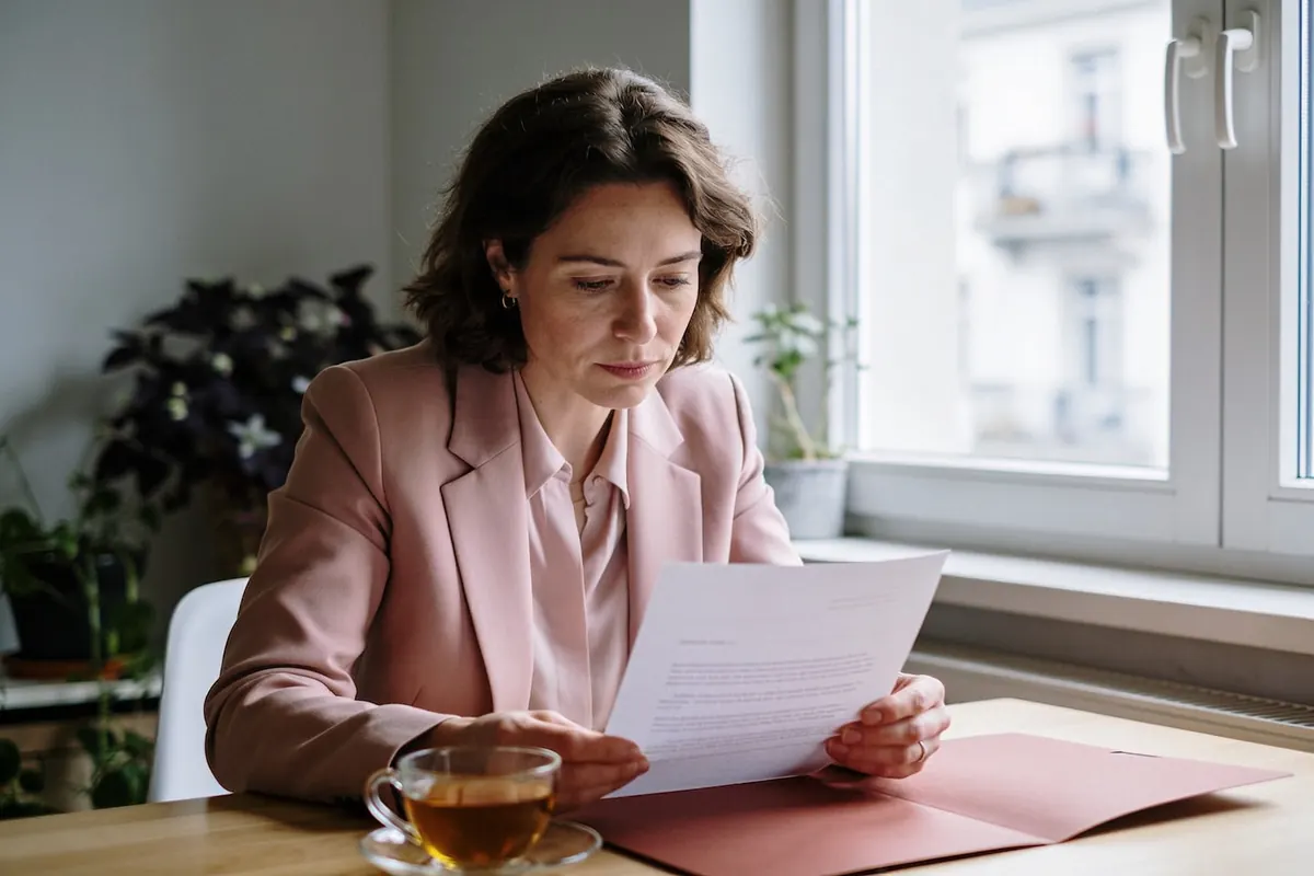 Eine Fachfrau liest konzentriert einen Brief an einem hellen Fenster