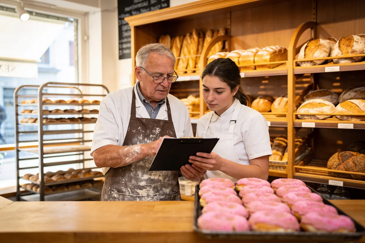 Der Inhaber einer Schweizer Familienbäckerei geht mit einer jungen Mitarbeiterin eine Liste durch