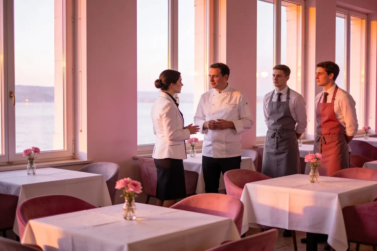 Team eines Schweizer Restaurants trifft sich vor dem Service zwischen Tischen mit rosa Blumen
