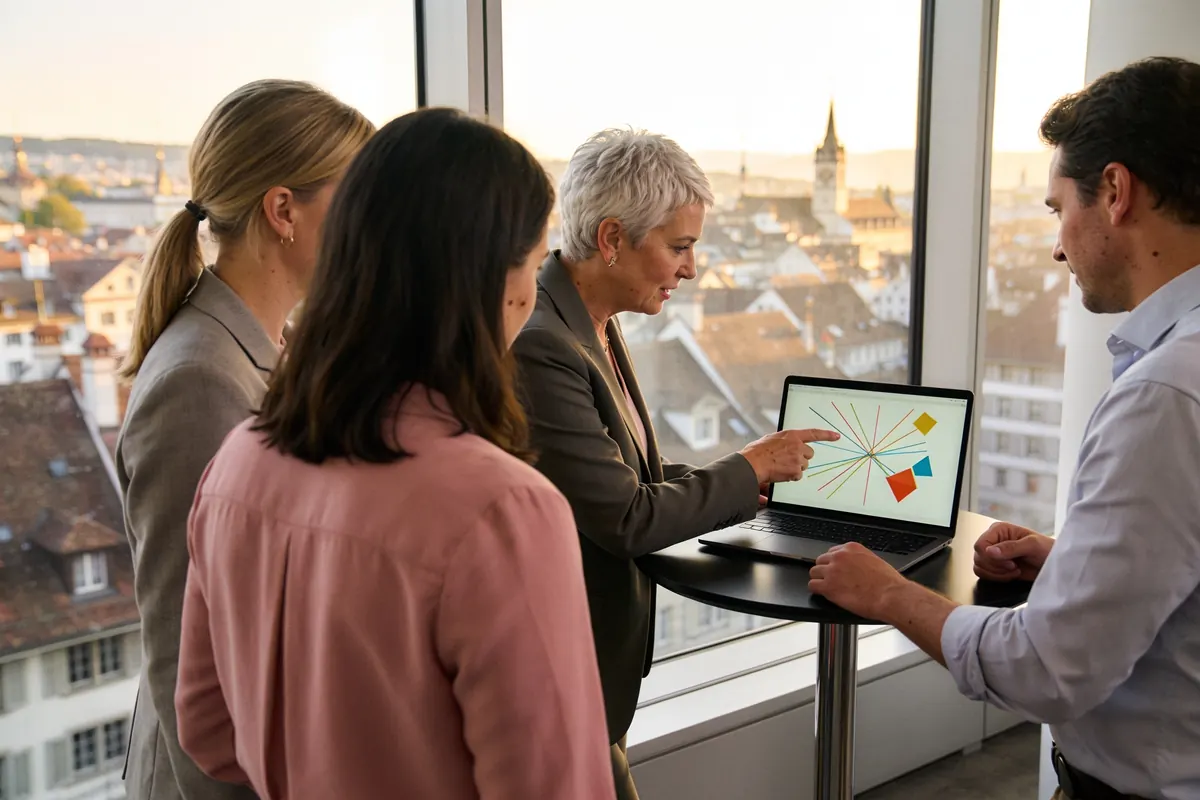 HR-Fachperson arbeitet mit einem kleinen Team an einem Fenster mit Blick über die Dächer von Zürich