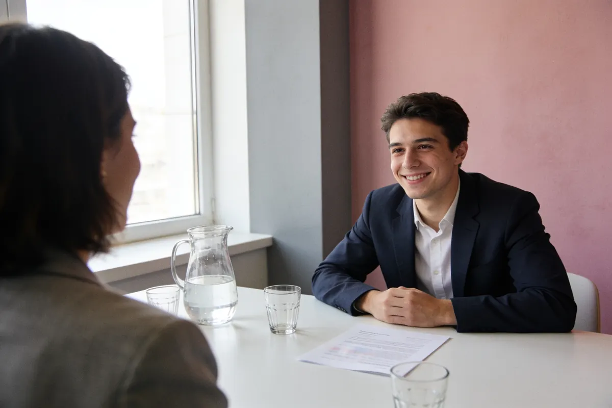 Vorstellungsgespräch in einem hellen Raum mit rosa Wand: Ein Kandidat lächelt der Personalverantwortlichen zu