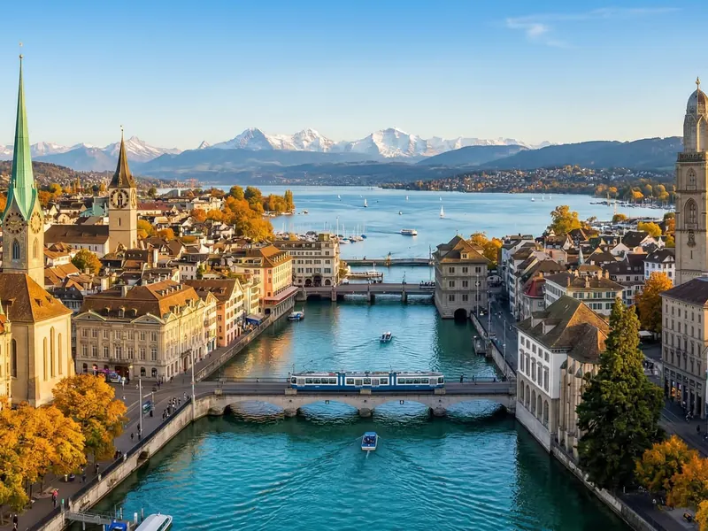 Luftaufnahme von Zürich mit der Limmat, dem Fraumünster und dem Grossmünster bei Sonnenuntergang